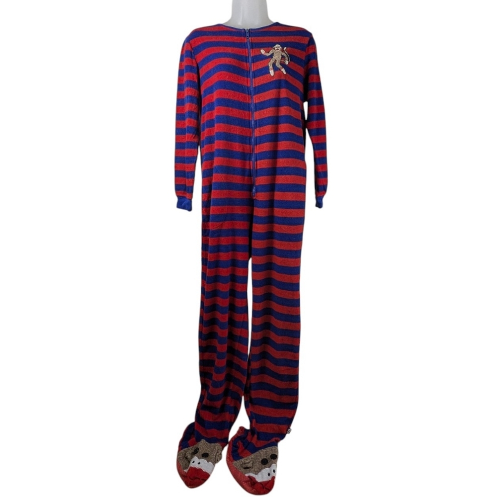 Nick & Nora Red/Blue Stripes Adult Monkey Sock One Piece Pajama Full Zipper